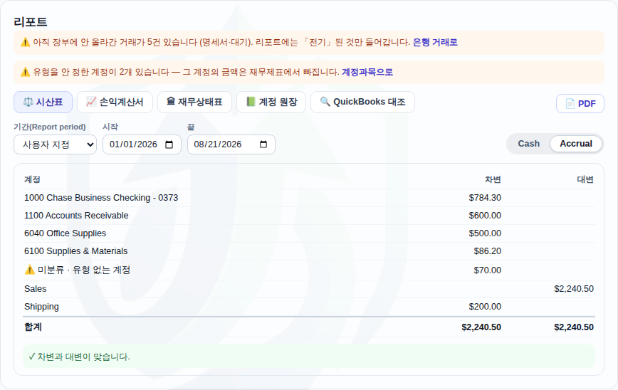 시산표 — 아직 장부에 안 올라간 거래와 유형 없는 계정을 먼저 알려 주고, 차변·대변이 맞는지 화면이 스스로 말합니다