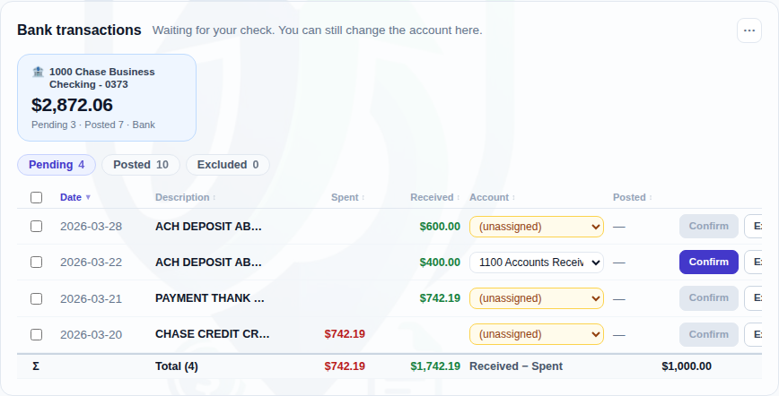 Bank transactions — pending, posted and excluded, with the account editable right there. The last row counts money in minus money out