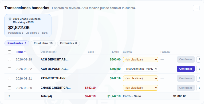 Transacciones bancarias: pendientes, en el libro y excluidas, con la cuenta editable ahí mismo. La última fila resta lo que salió de lo que entró