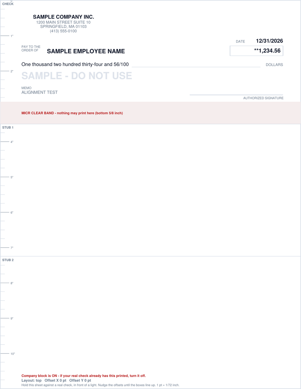 The alignment test page — the red band is the bank-number area that must stay blank