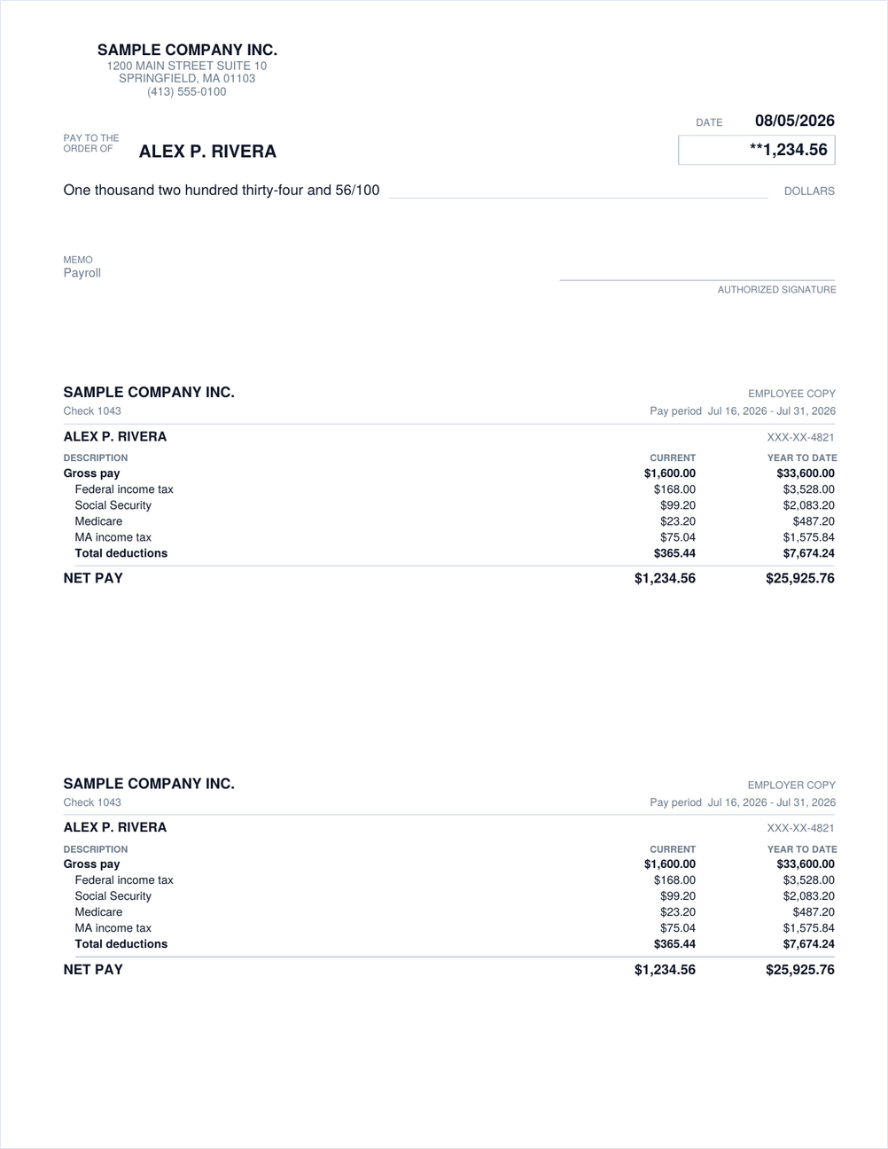 One check and two stubs — the stubs are the pay statement