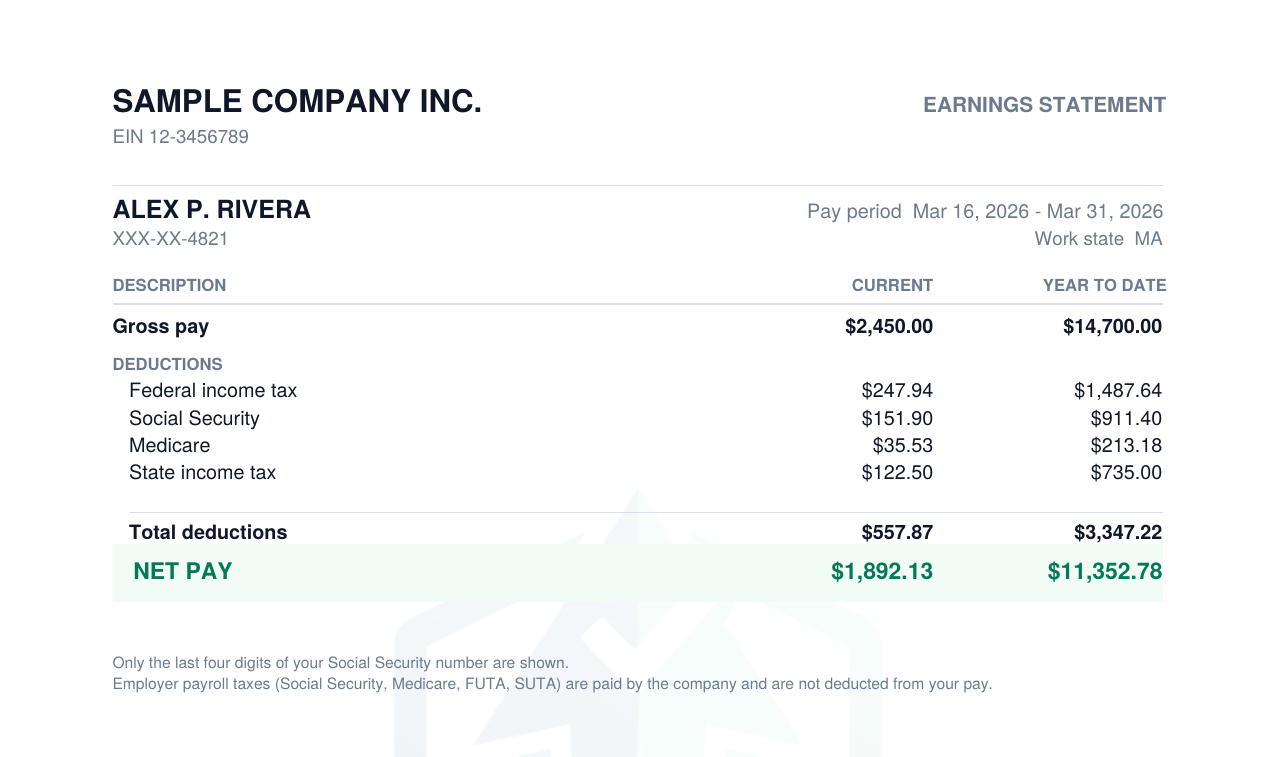 A pay stub — one PDF per company, in English, last four digits only