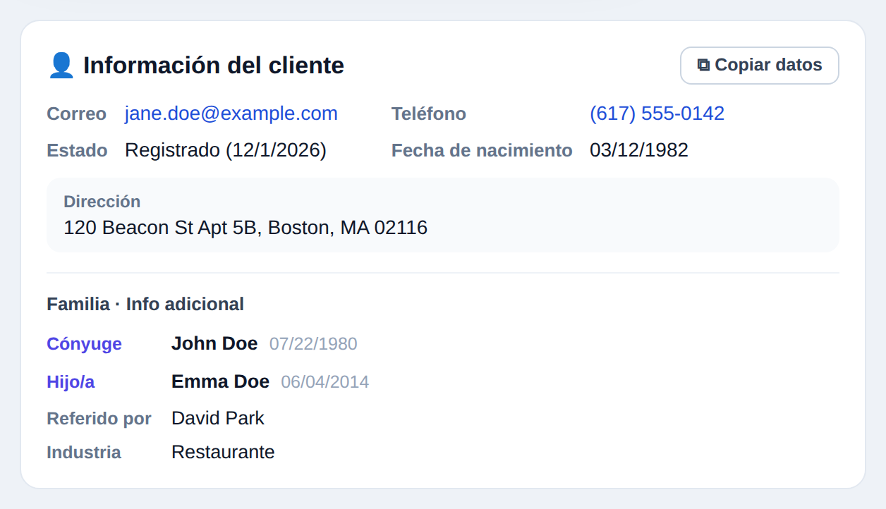 Perfil del cliente con familiares en TaxPin
