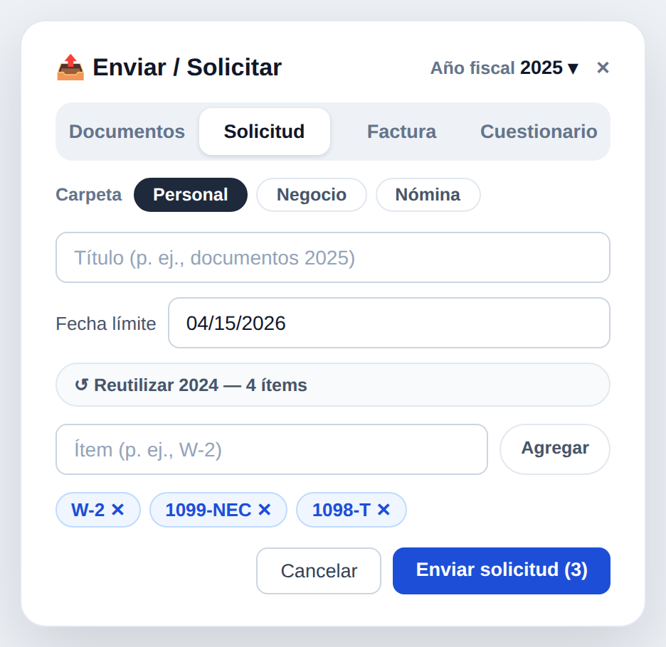 Ventana Enviar / Solicitar de TaxPin